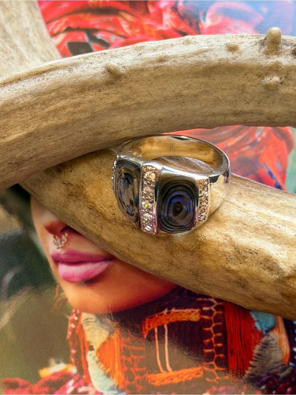 Vintage Silver-Tone Abalone Shell Statement Ring, Crystals